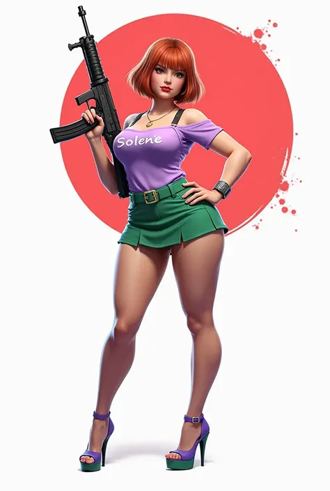 Freefire game style female character,  very sexy, com rosto redondo, big breasts and thick thighs, of skin jambo, short medium copper red hair, eyes browns, wearing red lipstick, wearing a short, low-cut lilac blouse with the name SOLENE and a short green ...