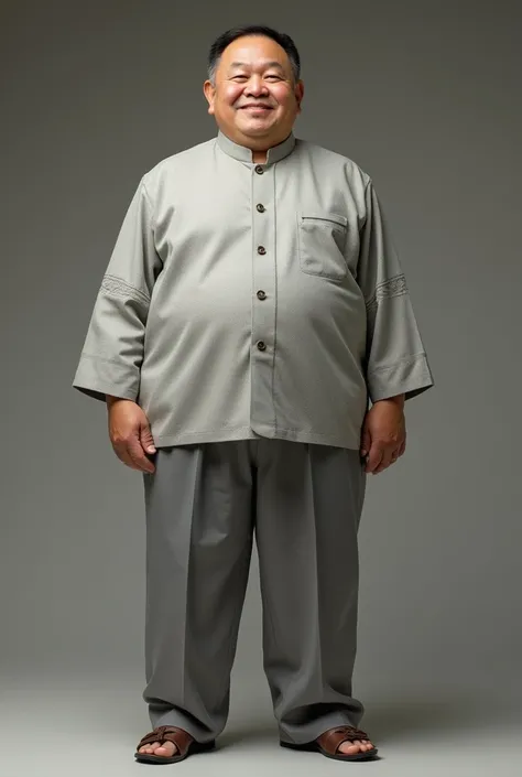 A chubby man wearing a short light gray songket coat and gray slacks