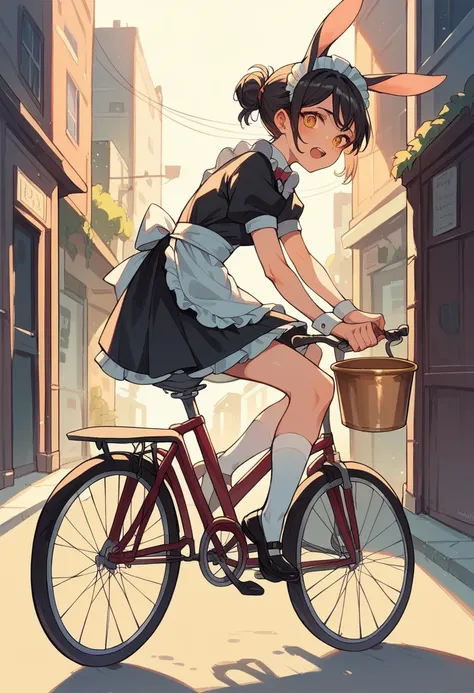 Bunny girl rides a bicycle, maid outfit, a city composed of many golden toilet bowls
