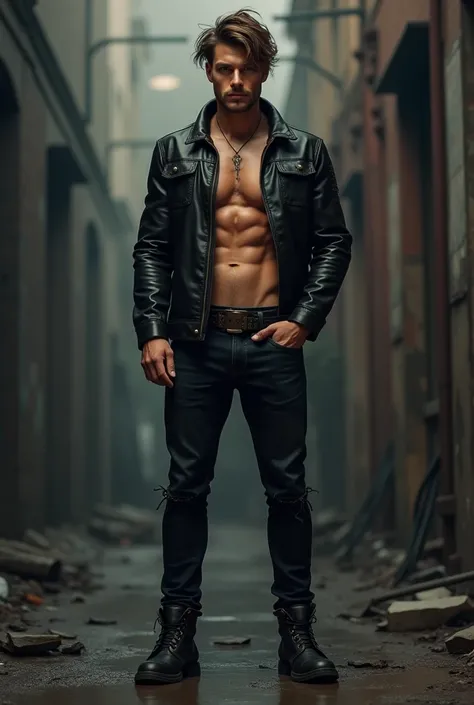 A 2 guy with an oval face and lean build stands against a gritty urban backdrop, exuding confidence. His brown eyes are intense, and his tousled brown hair adds to his effortlessly cool vibe. Hes dressed in a fitted black leather jacket, showcasing his abs...