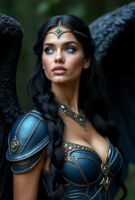 LINDA EVANGELISTA AS A GORGEOUS WINGED VALKYRIE , WARRIOR WOMAN, BUST IMAGE STYLE, STUDIO IMAGE STYLE, BLACK INFINITE BACKGROUND, DIFFUSED LIGHTS ON FACE, BACK LIGHTS ON HAIR, HUGE BLACK WINGS, BLACK FEATHERS, VERY BLACK HAIR, CLOSE FACE SHOT, HUGE LONG HA...