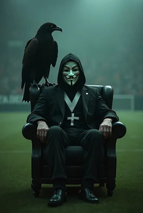 An European man with a "V for Vendetta" costume sitting on an armchair on a soccer field, Dark green field surface, dark ambient lighting, a large black eagle on his shoulder, dim light,