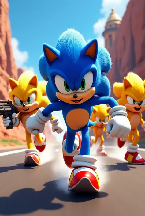 Sonic running very fast, several golden Sonics behind him with a gun in his hand cartoon