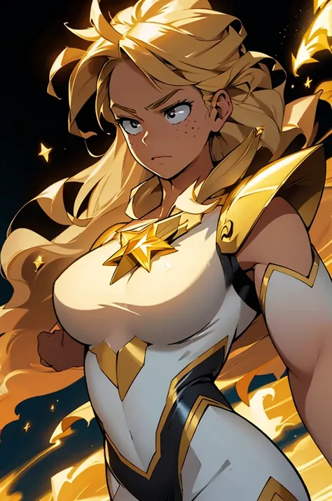 A striking image of a young heroine with straight blonde hair flowing gracefully, her expression determined and focused. Her eyes are a captivating shade of gold, shining with resolve, and her face is dotted with delicate freckles. She wears a sleek white ...