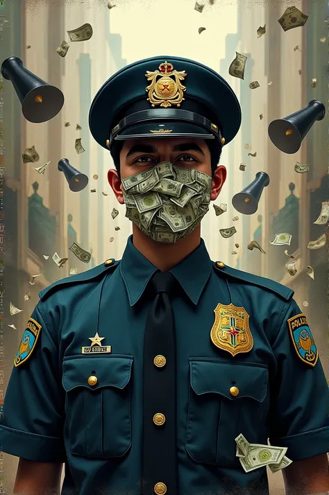 Design a symbolic image that represents police corruption in Peru, using a police figure with a face hidden behind a money mask. Around it, includes elements that reflect injustice, like crumpled papers and symbols of public denunciation