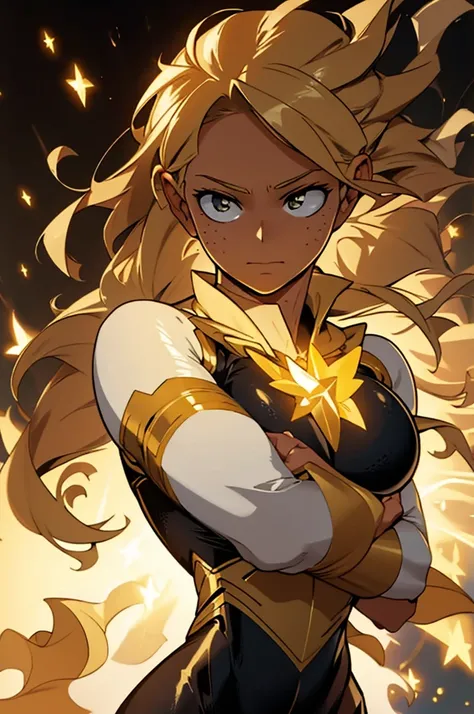 A striking image of a young heroine with straight blonde hair flowing gracefully, her expression determined and focused. Her eyes are a captivating shade of gold, shining with resolve, and her face is dotted with delicate freckles. She wears a sleek white ...