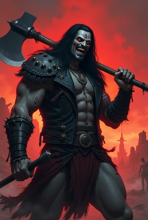 A refined version of Cão Raivoso, inspired by DCs Lobo, in a Dungeons & Dragons 5e setting. The character is depicted as a Goliath Barbarian with a more human-like face, long black hair, and a distinct goatee that covers only his mustache and chin, similar...