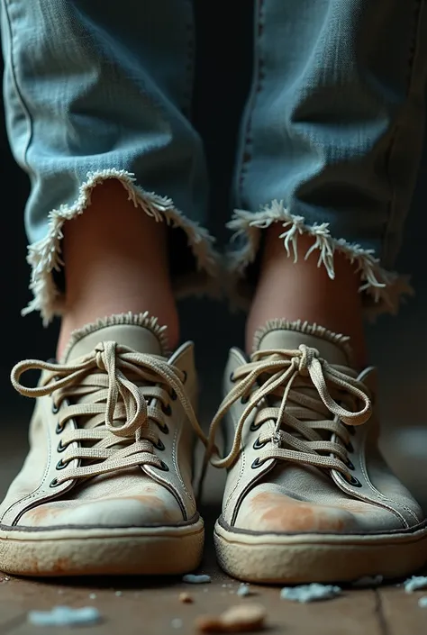 Sneakers ripped by a woman&#39;s toes , just the image of the ripped sneakers with the toes out , show your fingers tearing the sneaker 