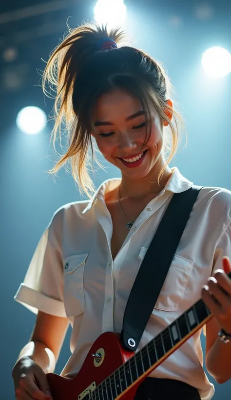 Realistic, Japanese women, drummer, Playing the red drums, rock band, On the concert stage, Brightly lit by stage spotlights, Very bright lighting, white light lighting,Wearing a white shirt, Medium length light brown hair, ponytail, Hair blowing in the wi...