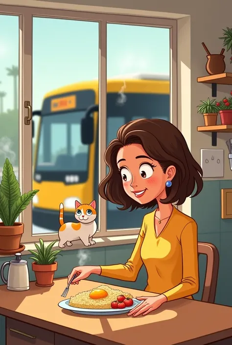 Cartoon-style brown-haired woman eating couscous and having breakfast in her kitchen through the window we see a bus passing by with the sign LESMÃO de F.c.