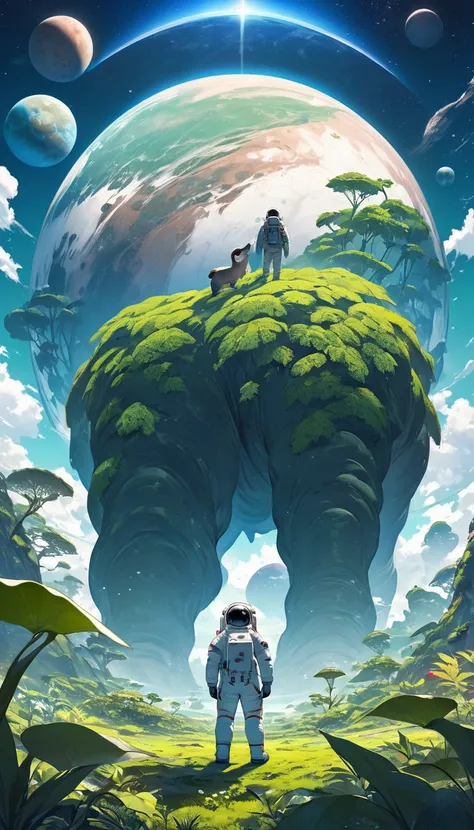 Astronaut with his back turned observing an unknown planet with green and huge flora with unknown giant animals with blue skies and green soil