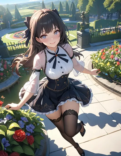 （Highest quality 1,3）, To the Detail (Intricate details),  Ray Tracing, 1 girl, smile, Red cheeks、Lip details、Beautiful eyes(masterpiece:1.2), Delicate skin，（Hata_skirt）,ribbon,race,stockings, High heels, (Outdoor, sunny day, garden, cloud)