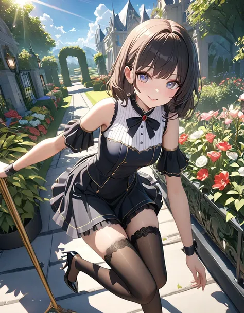 （Highest quality 1,3）, To the Detail (Intricate details),  Ray Tracing, 1 girl, smile, Red cheeks、Lip details、Beautiful eyes(masterpiece:1.2), Delicate skin，（Hata_skirt）,ribbon,race,stockings, High heels, (Outdoor, sunny day, garden, cloud)