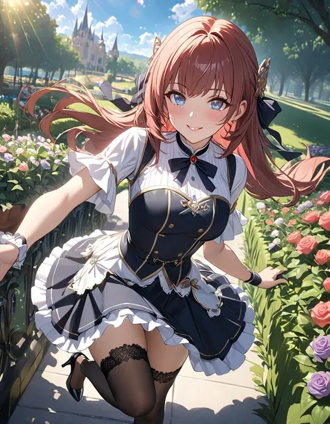 （Highest quality 1,3）, To the Detail (Intricate details),  Ray Tracing, 1 girl, smile, Red cheeks、Lip details、Beautiful eyes(masterpiece:1.2), Delicate skin，（Hata_skirt）,ribbon,race,stockings, High heels, (Outdoor, sunny day, garden, cloud)