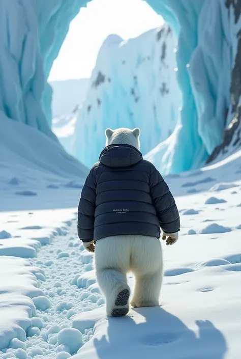 A polar bear wearing a black jacket walking towards an ice cave. 