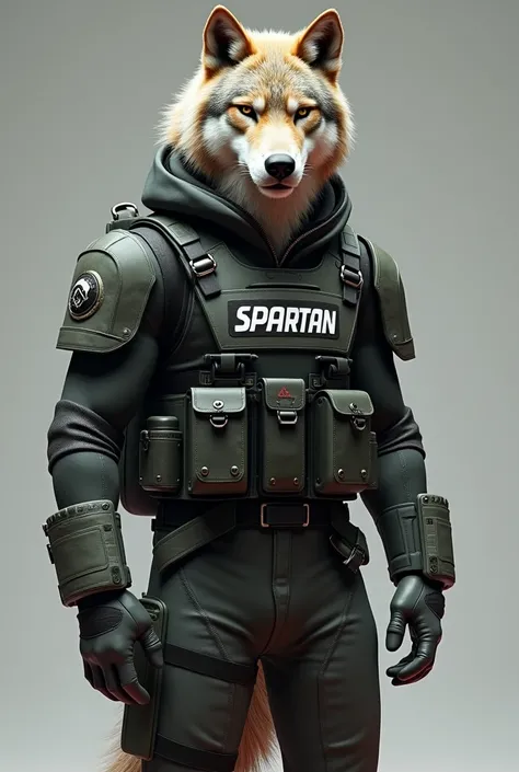 Realistic wolf in safety suit with Spartan written on it

