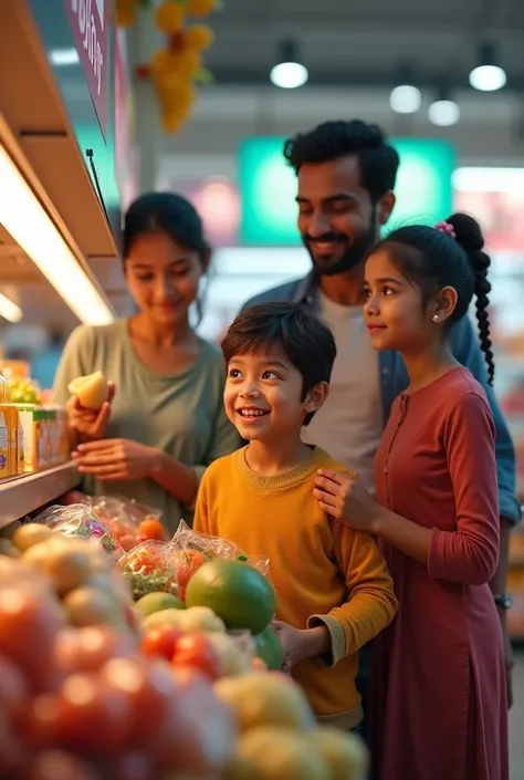 (photorealism:1.2), a beautiful child and his family purchasing house hold thing,at that time the amazed by seeing discount sale at Thakadickal Super market 