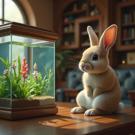 Rabbit in an aquarium in a luxurious living room (1.5) Strength, intelligence, Acumen, super detailed, Social Realism, 