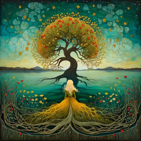 In the Style of Andy Kehoe and Tracy Grimwood. yggdrasill tree, large roots sinking into the ground, branches rising high into the sky, intricate geometries. Three-quarter view of a lake with mustard-colored, emerald waters. Lying on the shores of the lake...