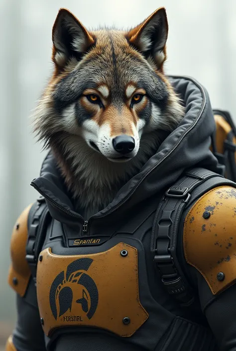 Realistic wolf in safety suit with Spartan written on it With Spartan symbol 
