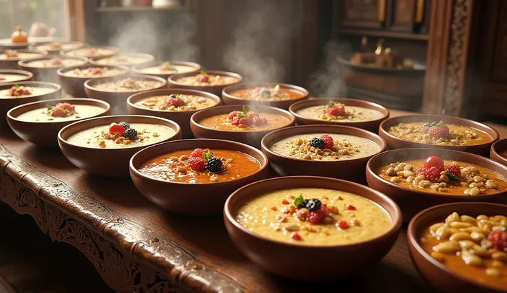 Large table,different types of porridge on it