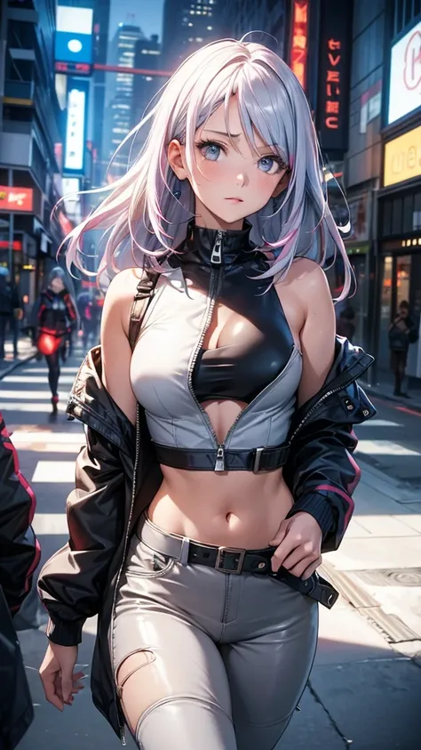 portrait, 1 girl, beautiful face, asymmetrical hair, multi-colored hair, belt, partial unzipped bodysuit and showing clevage, navel, detached sleeves, grey eyes, hip vent, open jacket, cute, look at viewer, midday city, neon, walking carefully,  looking aw...