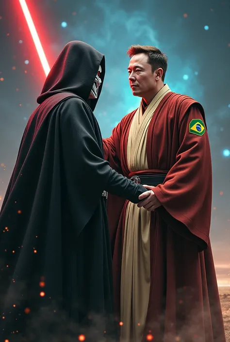 Image of Elon Musk wearing a Star Wars obi outfit with a Brazilian patch pushing Voldemort from Harry Potter away in a battle 