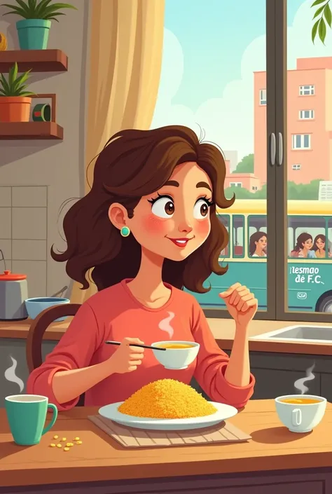 Cartoon-style brown-haired woman eating couscous and having breakfast in her kitchen. Through the window we clearly see a bus passing by with the sign LESMÃO de F.c.