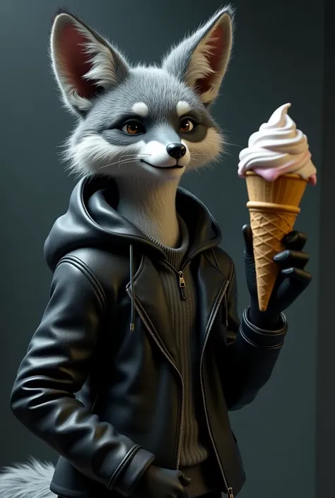 

"Imagine a fox wearing a leather jacket with a hood over its head, depicted in realistic 3D, in the style of an animated film. The fox is holding out an empty ice cream cone toward the screen, presented from a 3D perspective. The image should have a high...