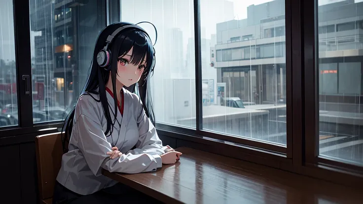 "Draw a Japanese girl in anime style, sitting in a café with headphones on. Rain falls outside the window, creating a cozy atmosphere. She has a gentle expression, with soft lighting and a cinematic feel."