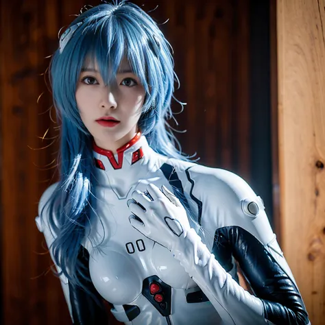 (8k, RAW Photo, Top Quality, Refined Details, Masterpiece: 1.2), (High Resolution 8k Wallpaper), Sharp Focus, Professional Lighting, Depth of Field, Cinematic Lighting, Background Blur, A cosplay of Rei Ayanami from Evangelion. A Japanese woman with blue h...