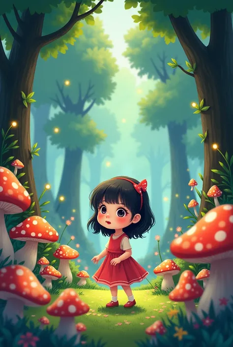 mushrooms forest, 1girl, chibi
 illustration.media, masterpiece, best quality,