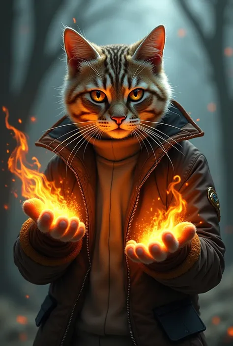 A cat who were a jacket his hand has fire