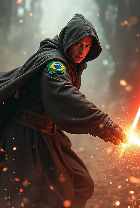 Image of Elon Musk wearing a Star Wars obi outfit with a Brazilian patch knocking Voldemort from Harry Potter away in a battle 