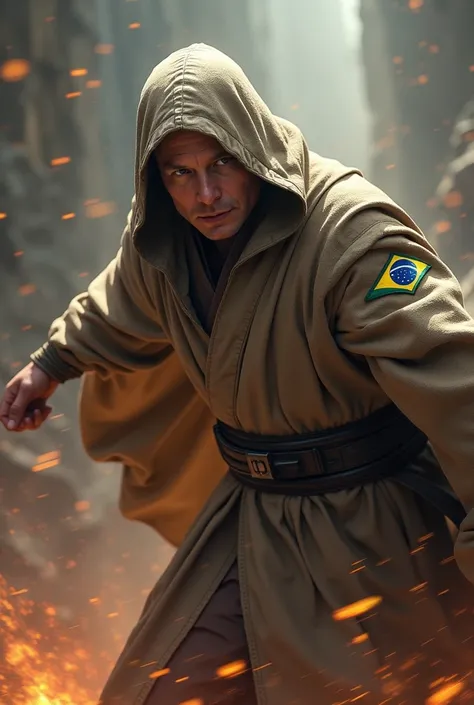 Image of Elon Musk wearing a Star Wars obi outfit with a Brazilian patch knocking Voldemort from Harry Potter away in a battle 