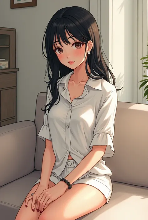 work of art, best qualityer,  Elena Stoddart, bracelet, during, white top, Shorts, Inside the house, sitting down, sofa, From  above, :the scribble drawing, Bblack hair, white blouse , cute scribbled drawing of a girl 