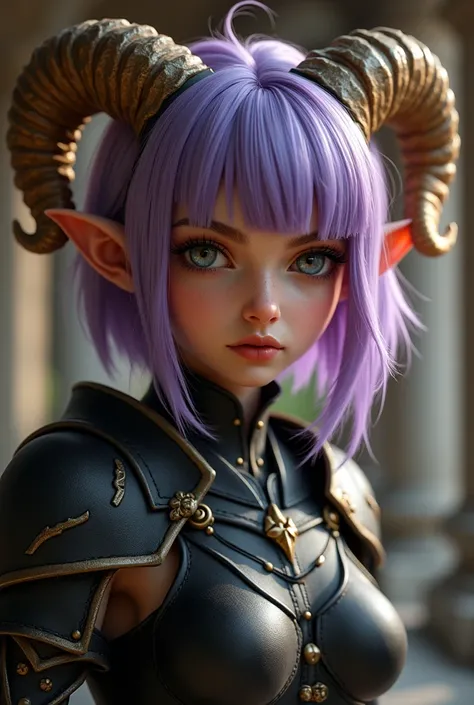 A close-up portrait of a beautiful female gnome character with sabrina, lavender hair, short hair and blunt bangs with ram horns. She has a serious, determined expression with highly detailed and expressive eyes, delicate features, sensual lips, and flawle...