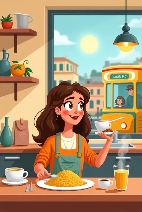 Cartoon-style brown-haired woman eating couscous and having breakfast in her kitchen. Through the window we clearly see a bus passing by with the sign LESMÃO de F.c.