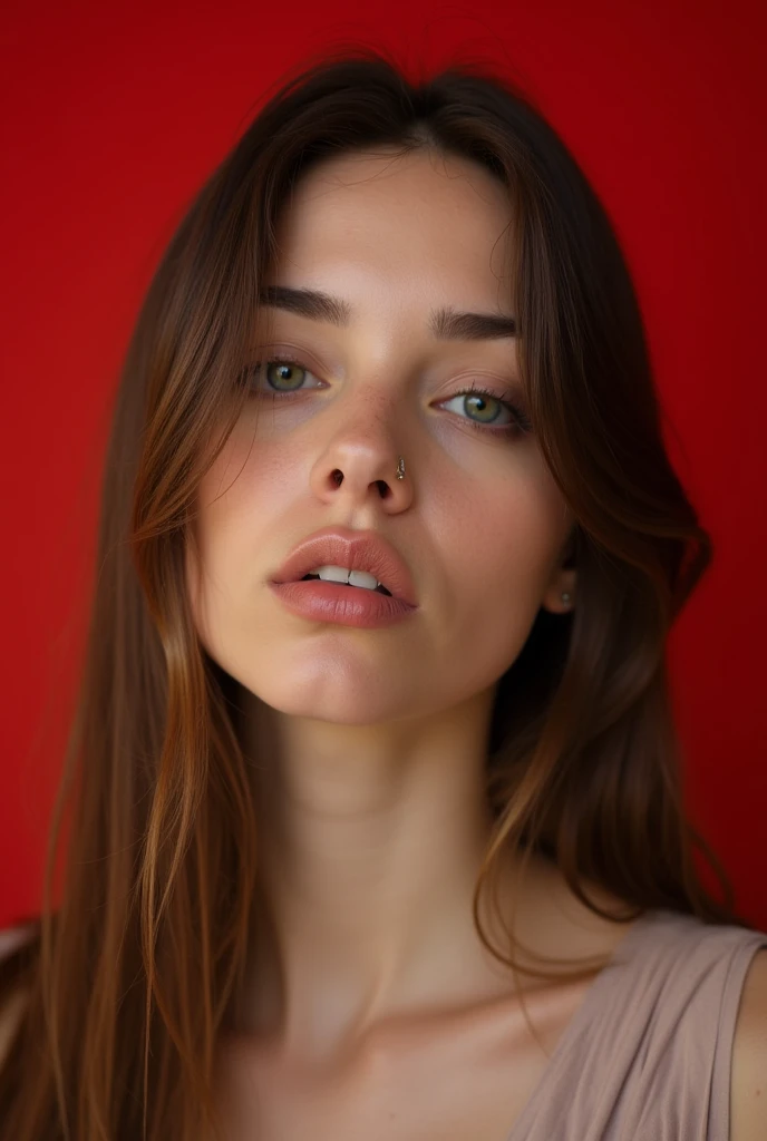 A close-up portrait of a woman with long straight brown hair, neutral expression, and natural makeup, set against a solid red background. The woman is wearing a black top, and her gaze is directly at the camera. The image captures fine details in her face ...