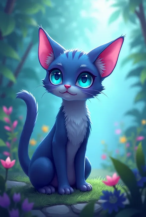 Simple blue and purple cat with cyan eyes and green background anime