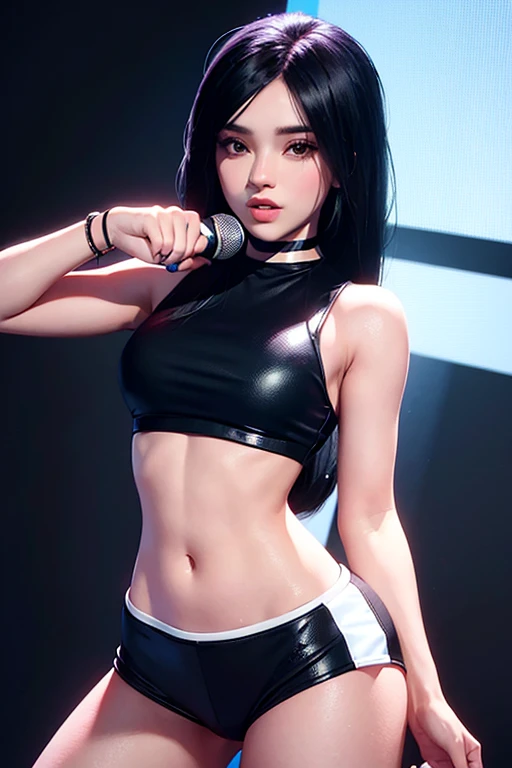 1 pop girl with 2K vibe long black hair mini  crop top and short perfect eyes, hold a mic