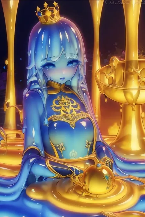 1girl,blue slime,dress,golden crown,highly detailed,intricate details,photorealistic,digital art,fantasy,beautiful detailed eyes,beautiful detailed lips,extremely detailed face,long eyelashes,dramatic lighting,vibrant colors,cinematic composition