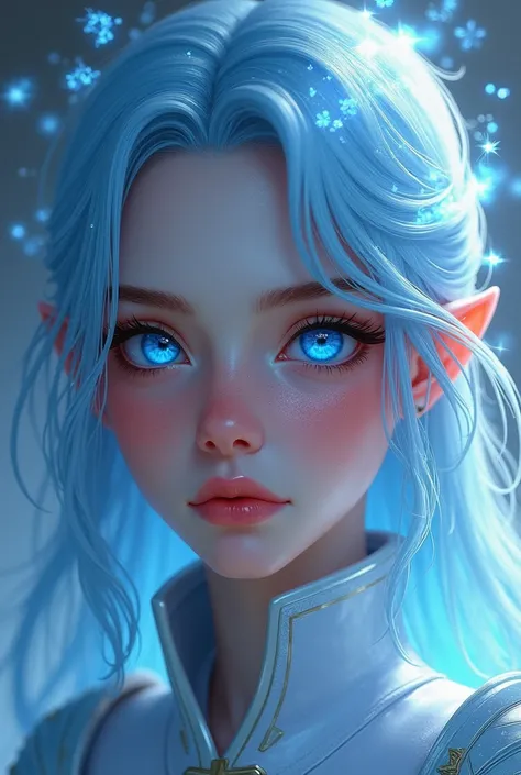 Fantasy portrait of a young female human ice mage with light blue hair adorned in light armor, her extremely long eyelashes highlighted by the mystical glint of ice crystals, digital painting, highly detailed, dramatic lighting