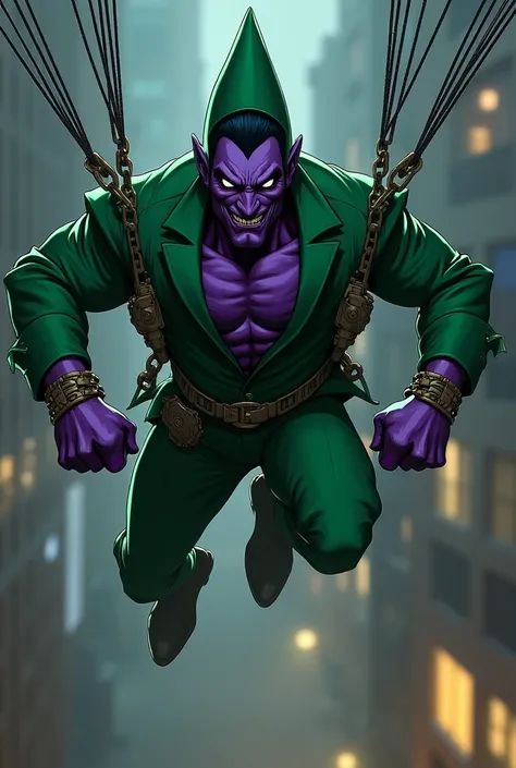 A DC comics style super villain, Gobil, is flying on a paraglider. He has a muscular yet slender build, with purple skin, a green suit, and a pointed hat. His eyes are wild and he has an evil grin. He wears chains on his hands. The image is dark and moody