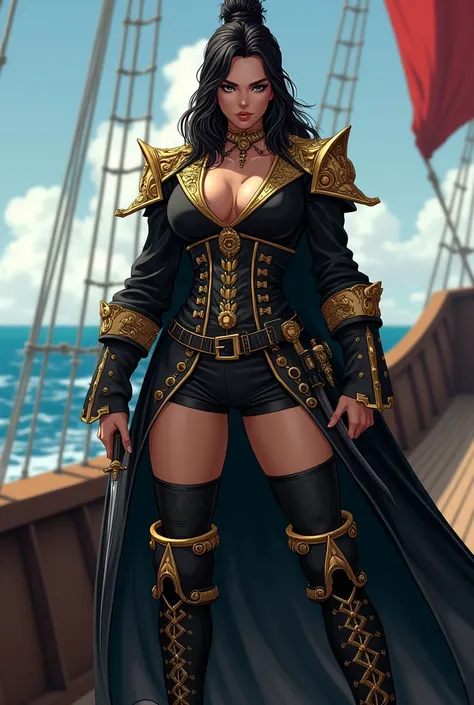 pirate outfit based on the anime One Piece for a female captain, She&#39;s the one in charge of the crew, the owner of the ship. Do this whole body. I want something more intimidating. I want something that commands respect, less cuteness and more fear. Ke...