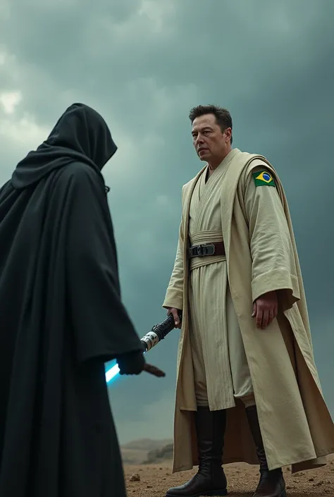 Image of Elon Musk wearing a Star Wars obi outfit with a Brazilian patch kicking VoldemorT away in a battle; insert Voldemort flying back