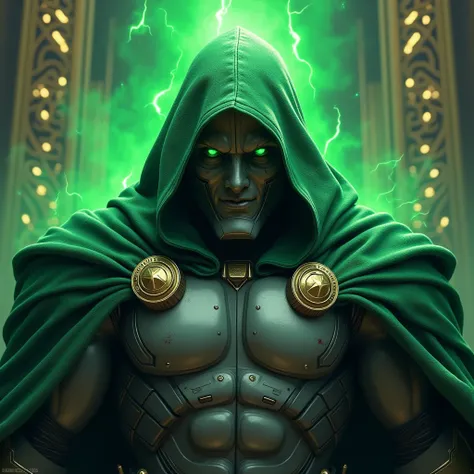 Marvel Dr Doom, green magic,face covered with grey armor except eyes and mouth, green eyes,green robe,powerful,dominant. 