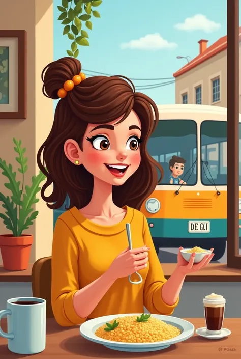 Cartoon style brown haired woman eating couscous in her kitchen where she has a cup and pot of coffee ,Through the window we can clearly see a bus passing by with the license plate LESMÃO de F.c.