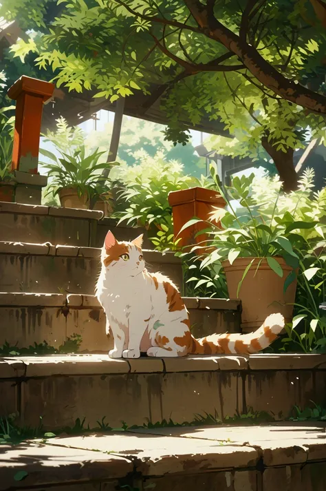 there is a cat sitting on the steps of a building, anime cat, relaxing concept art, anime visual of a cute cat, realistic anime cat, cats and plants, anime background art, studio ghibli sunlight, adorable digital painting, cute detailed digital art, lofi a...