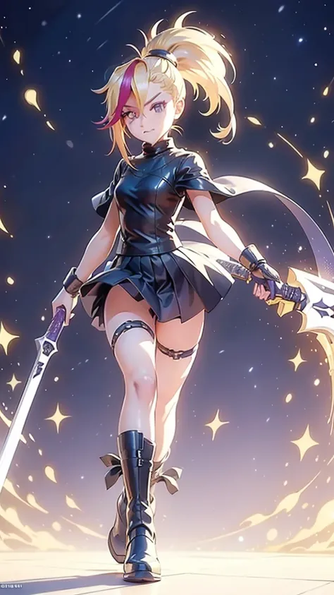 1 girl, ultra long hair, ultra detailed face, glowing lips, glowing purple eyes, very long ponytail, elegant walk, catwalk, holding down a  giant katana, blonde, long eyelashes, long boots , looking to the sky, starry sky, a ultra giant katana、high quality...